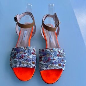 Carven Neon Orange & Multicolor Tweed Front-Strap Sandals with Tan Ankle Strap